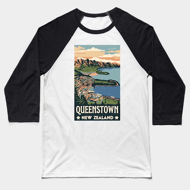 A Vintage Travel Art of Queenstown - New Zealand Baseball T-Shirt by goodoldvintage